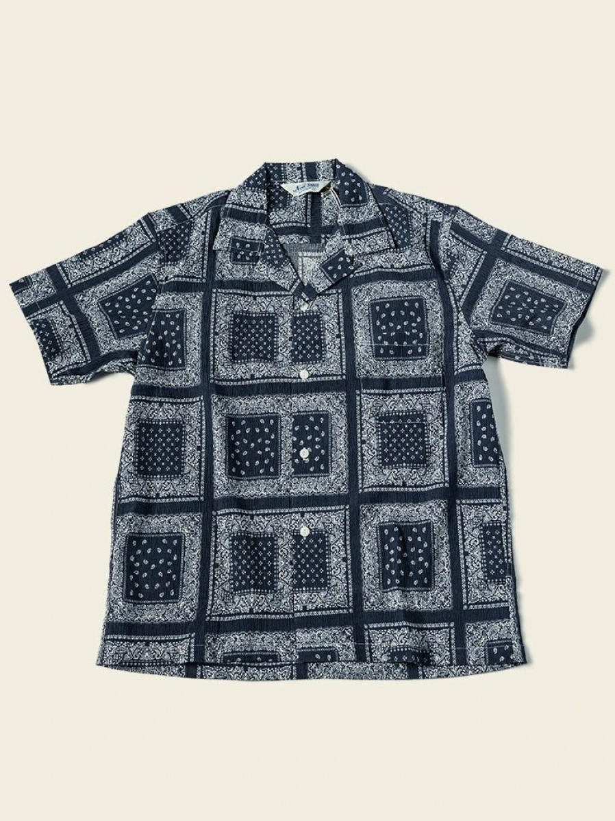 Tops * | Non Stock Paisley Print Seersucker Open Collar Shirt Navy