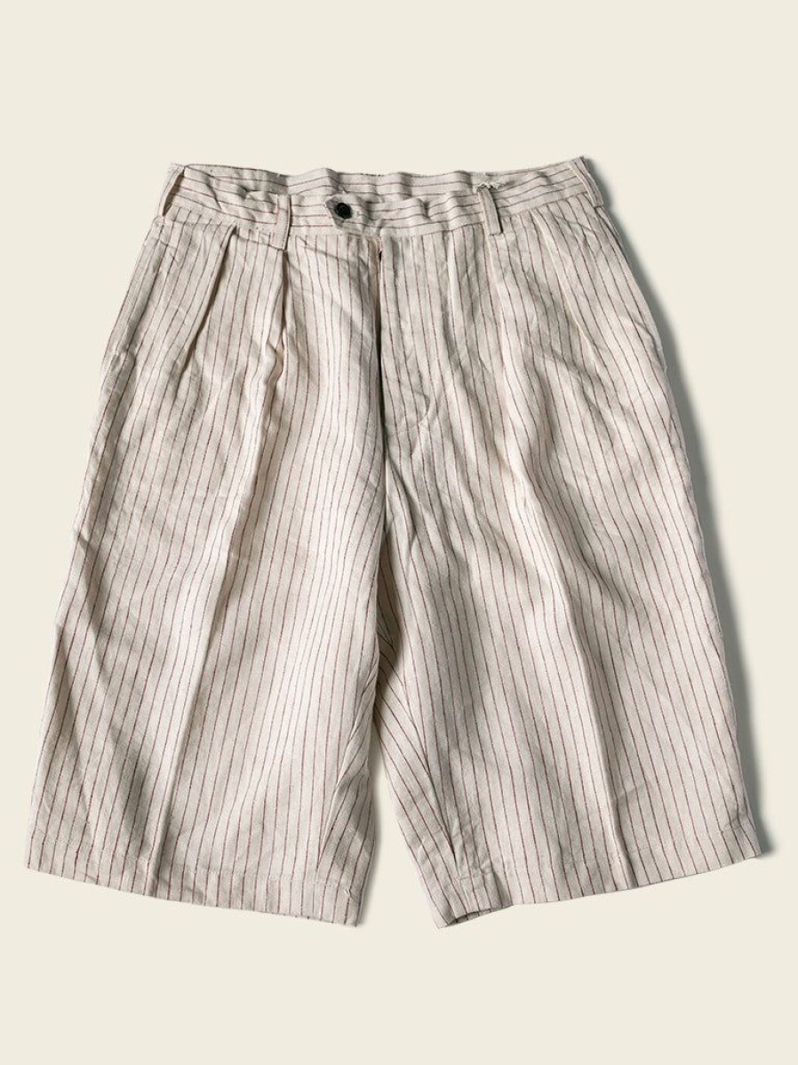 Bottoms * | Non Stock Loose Double Pleated Striped 10.5 Oz Linen Shorts White