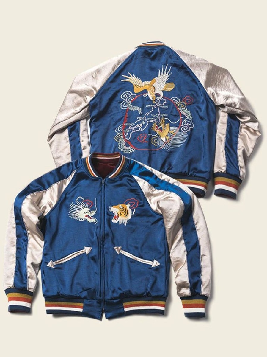 Outerwear * | Non Stock 1950S Reversible Acetate Souvenir Jacket Dragon Tiger Falcon Outerwear Blue/Wine Red