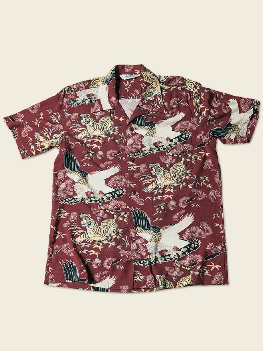 Tops * | Non Stock Ukiyo-E Tiger & Crane Pattern Aloha Shirt Tops Wine Red