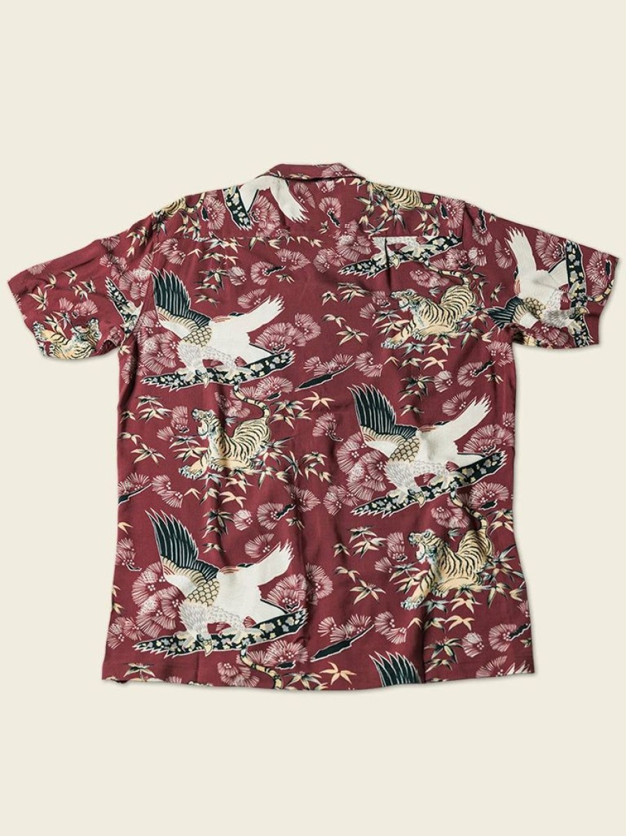 Tops * | Non Stock Ukiyo-E Tiger & Crane Pattern Aloha Shirt Tops Wine Red