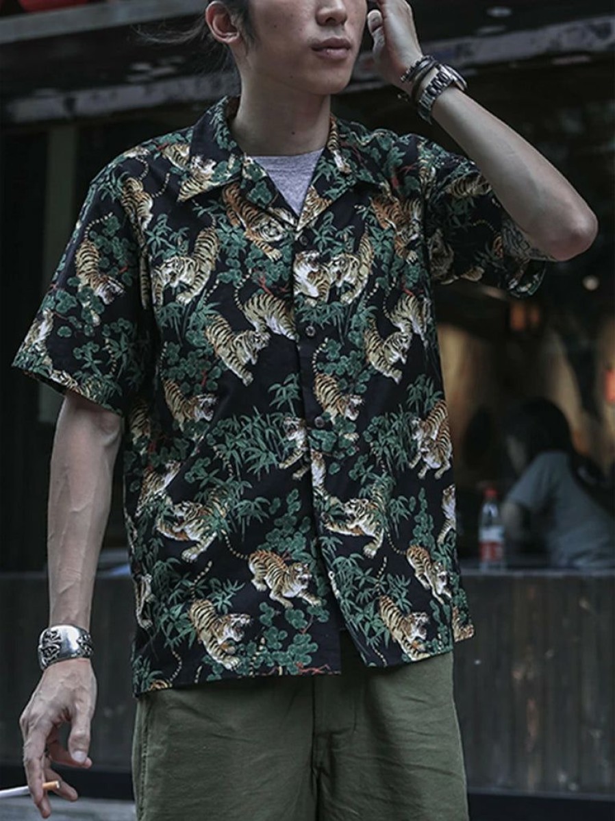 Tops * | Bronson Lot As08 Ukiyo-E Tiger & Bambo Pattern Aloha Shirt Back In Stock Black