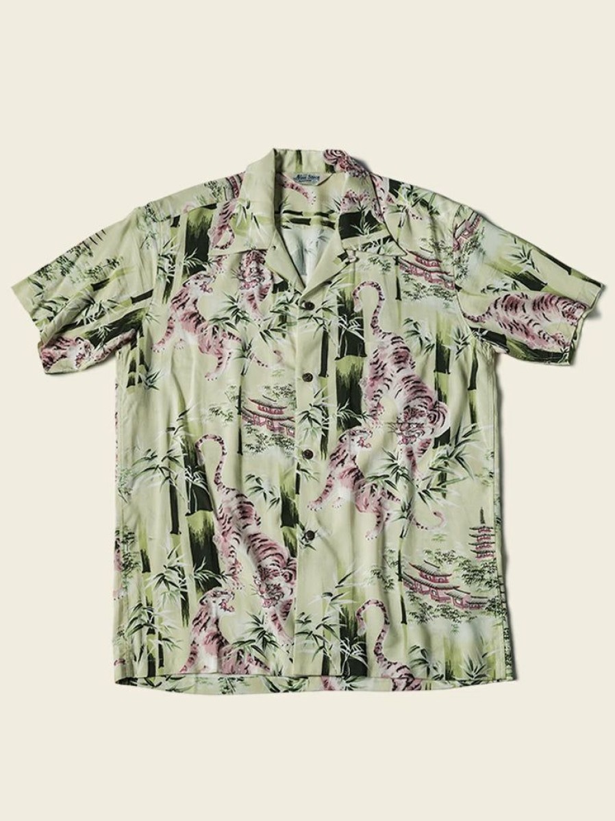 Tops * | Non Stock Ukiyo-E Tiger & Bamboo Pattern Aloha Shirt Tops Light Green