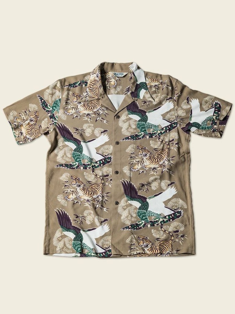 Tops * | Non Stock Ukiyo-E Tiger & Crane Pattern Aloha Shirt Khaiki Khaki