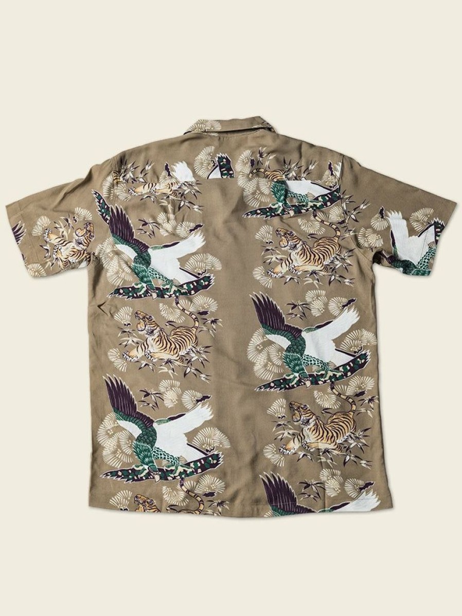 Tops * | Non Stock Ukiyo-E Tiger & Crane Pattern Aloha Shirt Khaiki Khaki