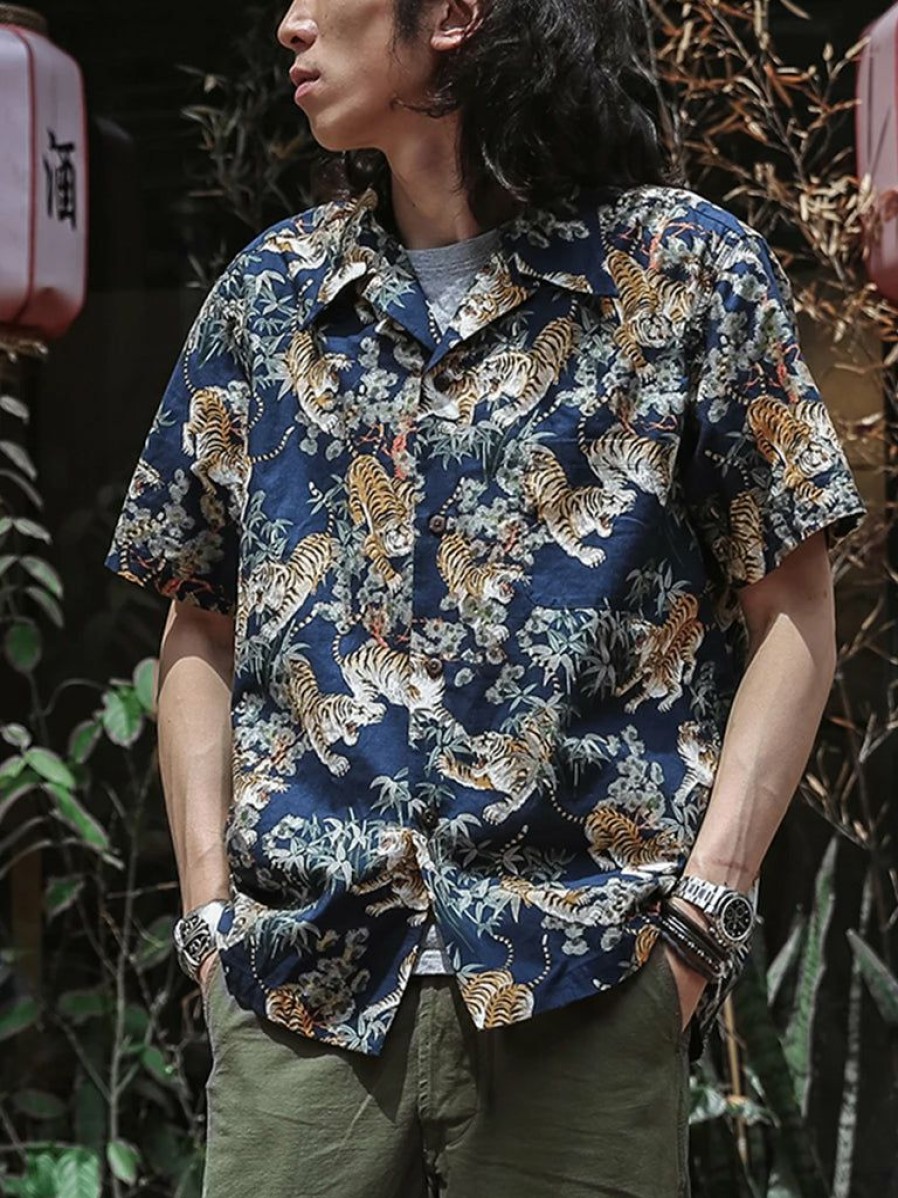 Tops * | Bronson Lot As08 Ukiyo-E Tiger & Bambo Pattern Aloha Shirt Back In Stock Navy